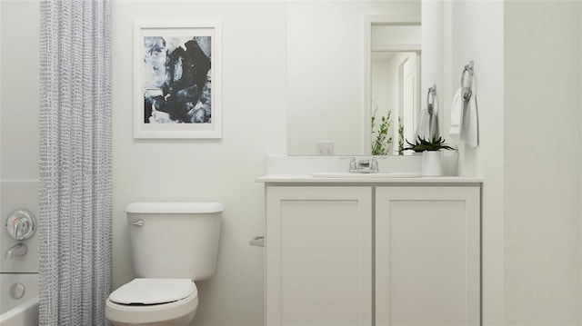 full bathroom featuring vanity, shower / bath combo, and toilet