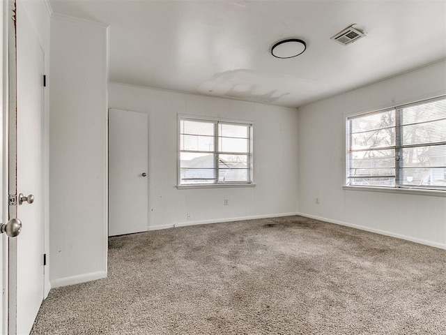 spare room featuring carpet floors and crown molding