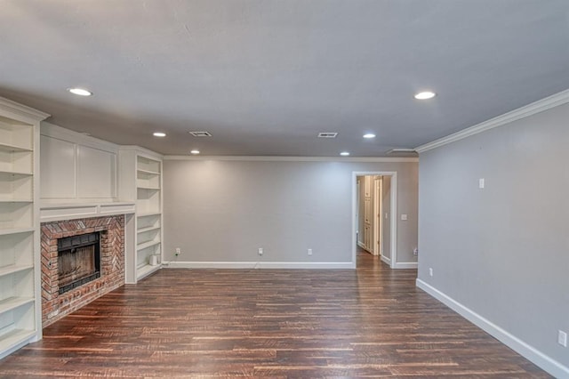 unfurnished living room with a fireplace, recessed lighting, visible vents, dark wood-type flooring, and baseboards