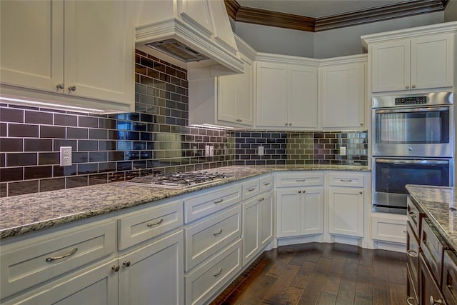 kitchen featuring dark hardwood / wood-style flooring, appliances with stainless steel finishes, white cabinets, custom range hood, and ornamental molding