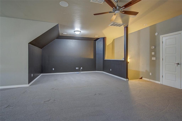 bonus room featuring carpet floors, ceiling fan, and lofted ceiling