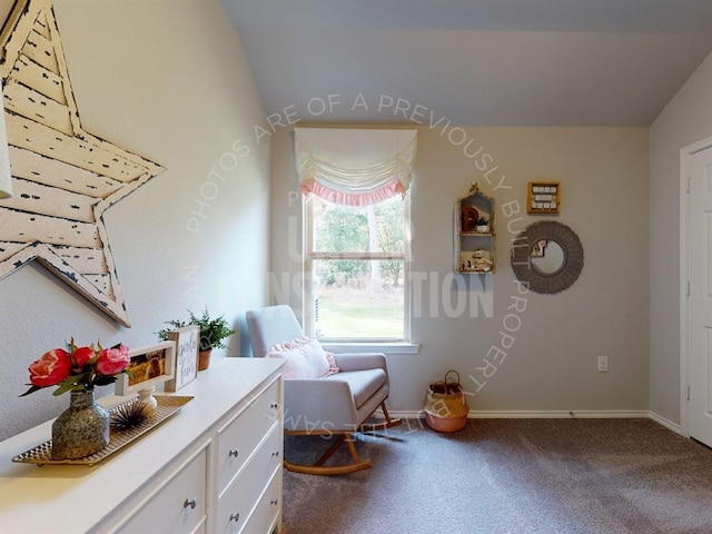 sitting room featuring carpet flooring and lofted ceiling