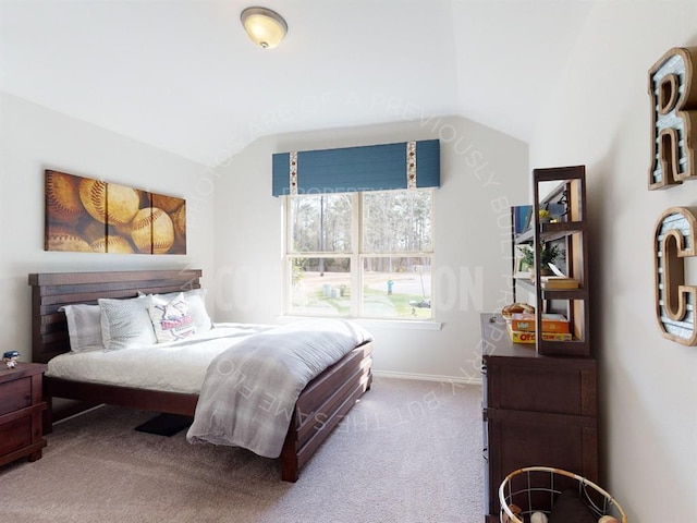 bedroom featuring carpet flooring and vaulted ceiling