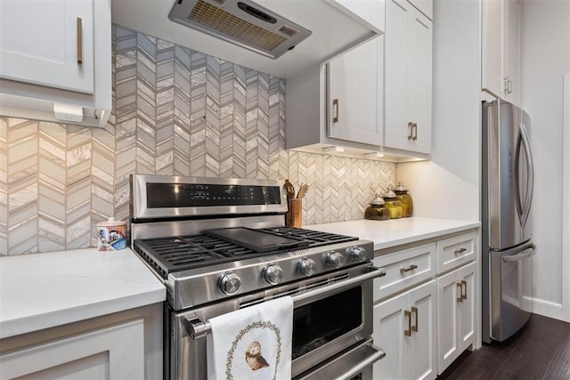 kitchen with white cabinetry, ventilation hood, and appliances with stainless steel finishes