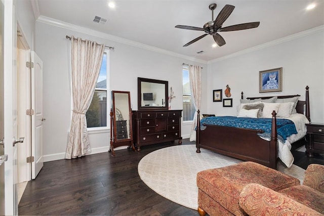 bedroom with ornamental molding, ceiling fan, and dark hardwood / wood-style flooring