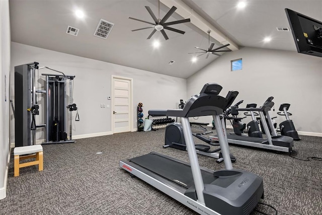 exercise room featuring ceiling fan and lofted ceiling