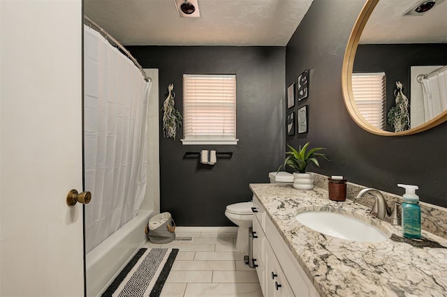 full bathroom with tile patterned flooring, vanity, toilet, and shower / tub combo with curtain