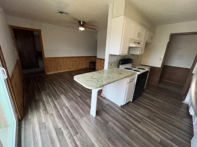 kitchen with white cabinetry, electric range, a breakfast bar area, and dark wood-type flooring