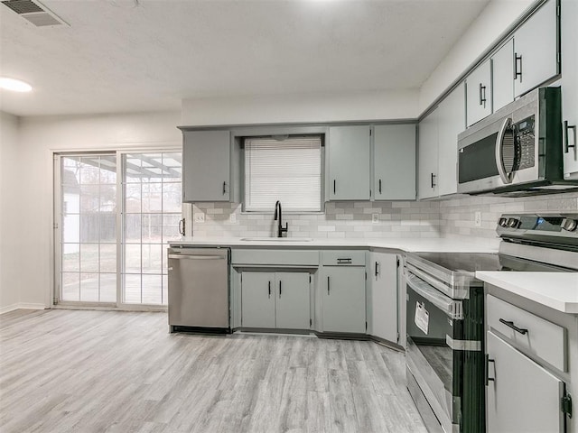 kitchen with gray cabinetry, sink, decorative backsplash, light wood-type flooring, and stainless steel appliances