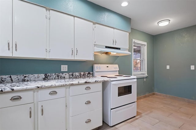 kitchen featuring electric stove, light hardwood / wood-style flooring, and white cabinets