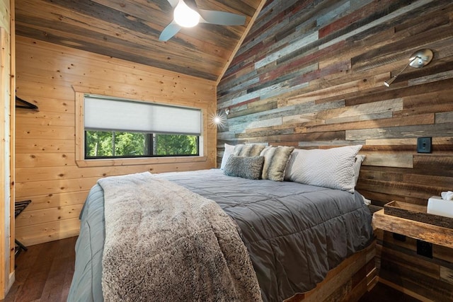 bedroom with wood ceiling, vaulted ceiling, ceiling fan, dark hardwood / wood-style floors, and wood walls