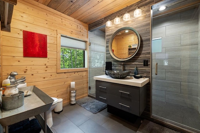 bathroom featuring tile patterned floors, walk in shower, wood ceiling, wooden walls, and toilet