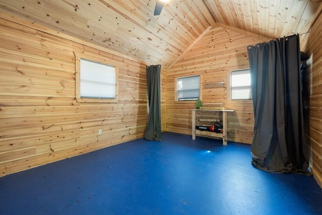 interior space featuring high vaulted ceiling, ceiling fan, wooden ceiling, and wood walls