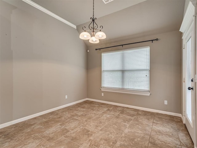 unfurnished room featuring a notable chandelier, ornamental molding, and vaulted ceiling