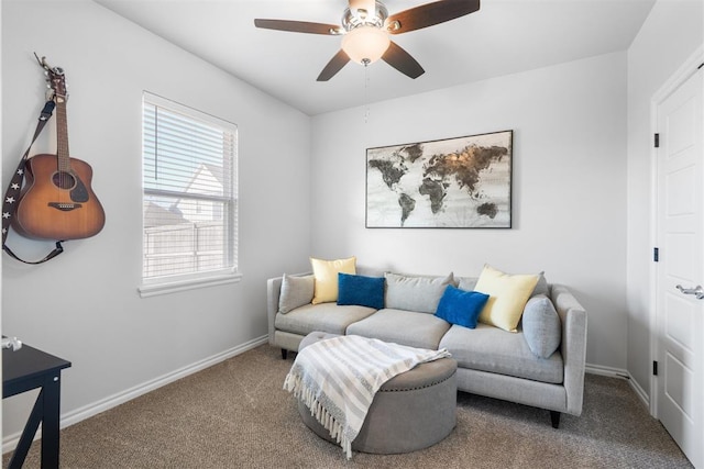 carpeted living room featuring ceiling fan