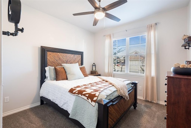 bedroom with ceiling fan and dark carpet