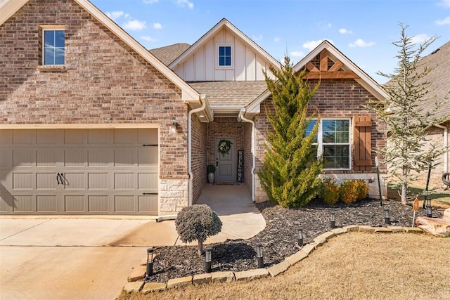 view of front of home featuring brick siding, board and batten siding, a shingled roof, concrete driveway, and a garage