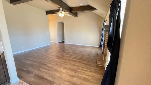 unfurnished living room with vaulted ceiling with beams, ceiling fan, and wood-type flooring