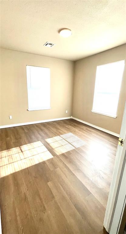 empty room with wood-type flooring, a textured ceiling, and plenty of natural light