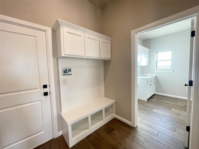 mudroom with dark wood-type flooring and baseboards