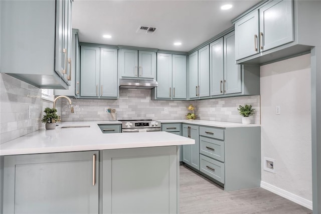 kitchen with stainless steel electric range, sink, tasteful backsplash, light hardwood / wood-style floors, and kitchen peninsula