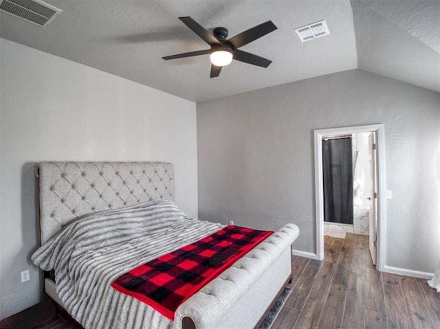 bedroom featuring ceiling fan and vaulted ceiling