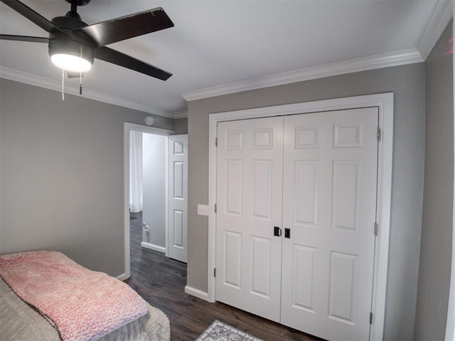 bedroom featuring ornamental molding, a closet, ceiling fan, and dark wood-type flooring