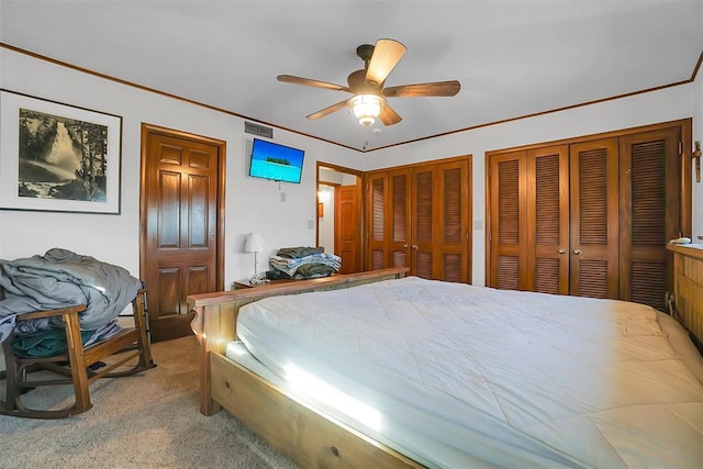 bedroom with carpet flooring, ceiling fan, crown molding, and two closets