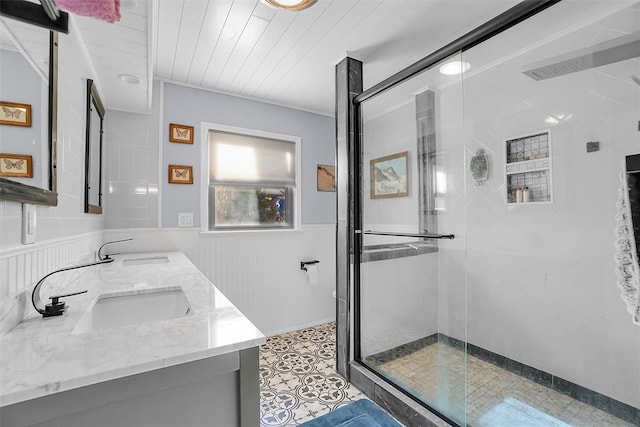 bathroom with vanity, an enclosed shower, and wooden ceiling