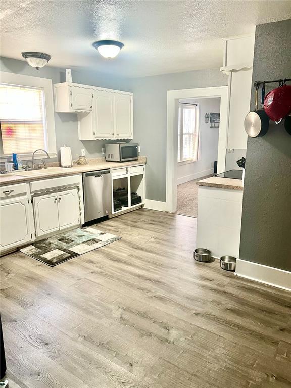 kitchen with light hardwood / wood-style floors, a healthy amount of sunlight, white cabinetry, and stainless steel appliances