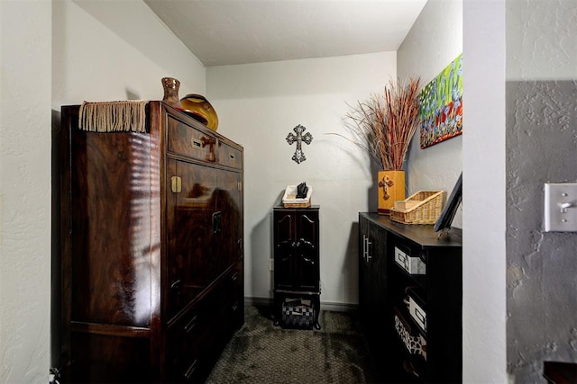 interior space featuring dark colored carpet