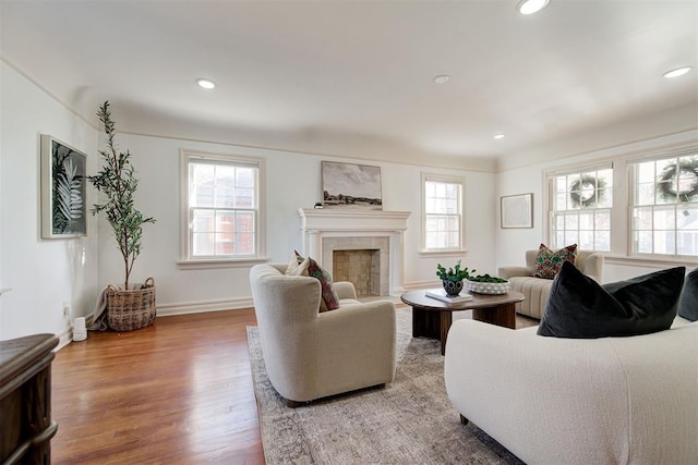 living area featuring recessed lighting, a fireplace, and wood finished floors