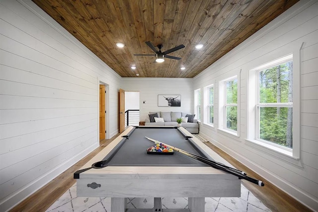 recreation room featuring ceiling fan, wood walls, wooden ceiling, and pool table