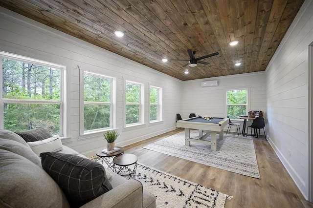 game room with ceiling fan, a wall mounted air conditioner, billiards, light hardwood / wood-style floors, and wood ceiling