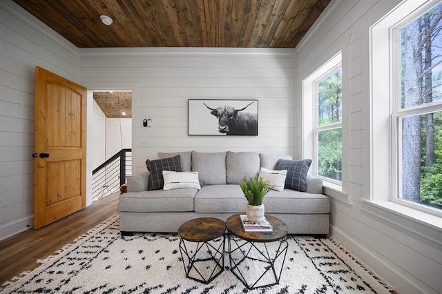 living room featuring wooden walls and wood-type flooring