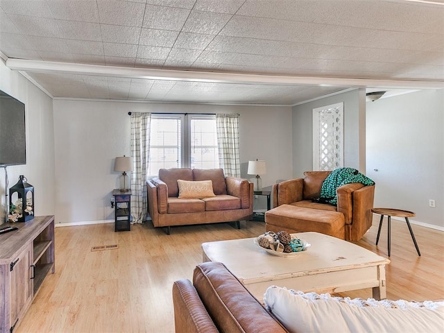 living room featuring crown molding and light hardwood / wood-style flooring