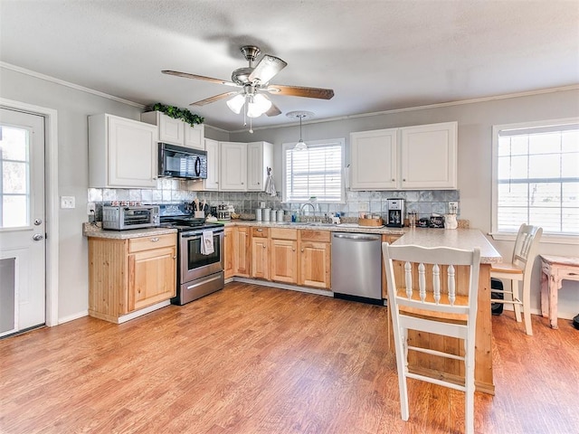 kitchen featuring sink, ornamental molding, stainless steel appliances, and tasteful backsplash