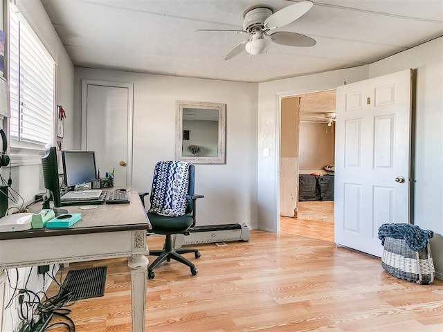 office featuring ceiling fan and light wood-type flooring