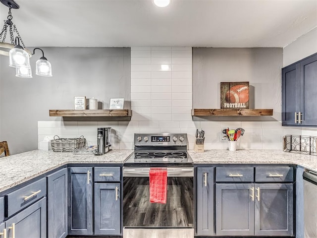 kitchen featuring light stone countertops, decorative light fixtures, backsplash, and stainless steel appliances