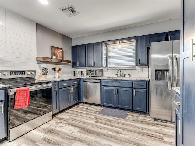 kitchen with blue cabinetry, light hardwood / wood-style floors, sink, and stainless steel appliances