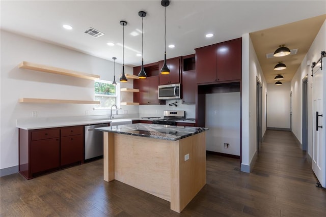 kitchen with a barn door, a center island, stainless steel appliances, and dark hardwood / wood-style floors