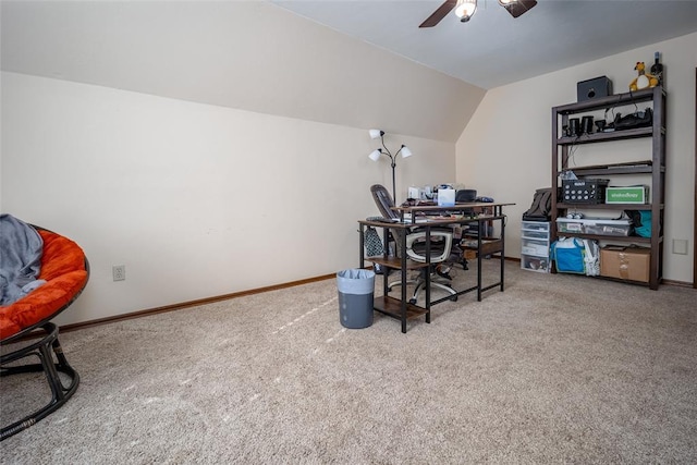 office with carpet flooring, vaulted ceiling, and ceiling fan