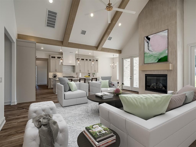 living room with dark wood-type flooring, high vaulted ceiling, ceiling fan, beamed ceiling, and a large fireplace