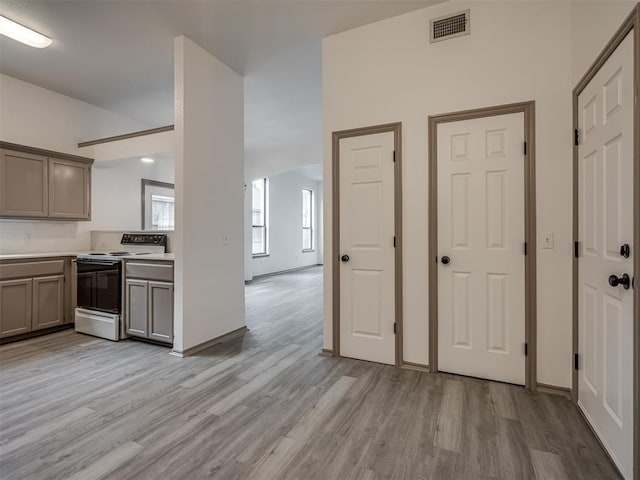 kitchen featuring electric range, light hardwood / wood-style floors, and gray cabinetry