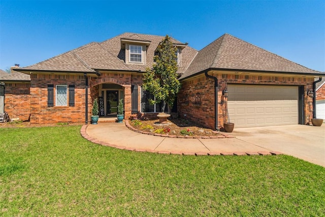 301 Club House Dr, Shawnee, OK 74801 - view of front facade with brick siding, a garage, driveway, a shingled roof, and a front yard