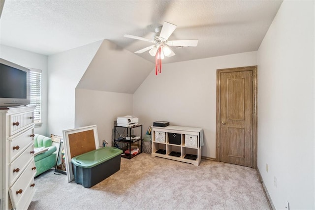 301 Club House Dr, Shawnee, OK 74801 - game room featuring a ceiling fan, carpet floors, a textured ceiling, and lofted ceiling