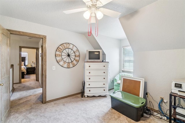 301 Club House Dr, Shawnee, OK 74801 - carpeted bedroom with lofted ceiling, baseboards, a ceiling fan, and a textured ceiling