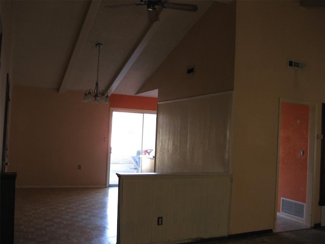 spare room with beamed ceiling, high vaulted ceiling, ceiling fan with notable chandelier, and parquet flooring