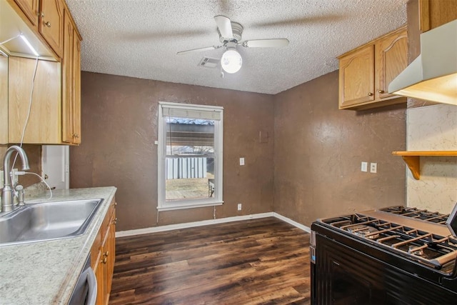 kitchen featuring sink, black range with gas cooktop, extractor fan, and a textured ceiling