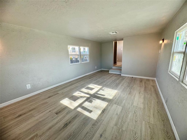 empty room featuring a healthy amount of sunlight, a textured ceiling, and light hardwood / wood-style floors